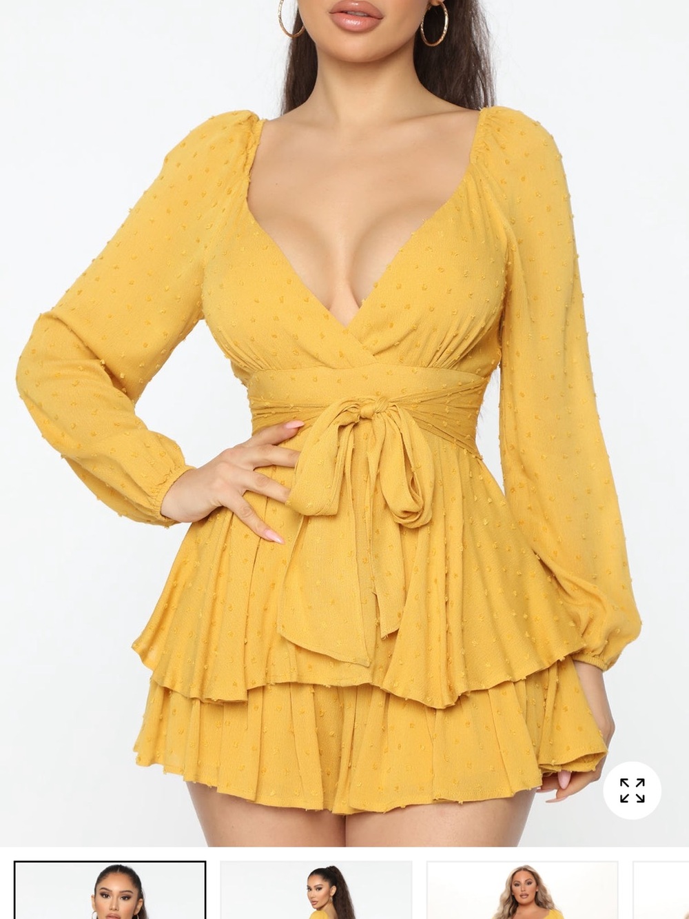 Fashion Nova Mustard Yellow Tiered Wrap Mini Dress